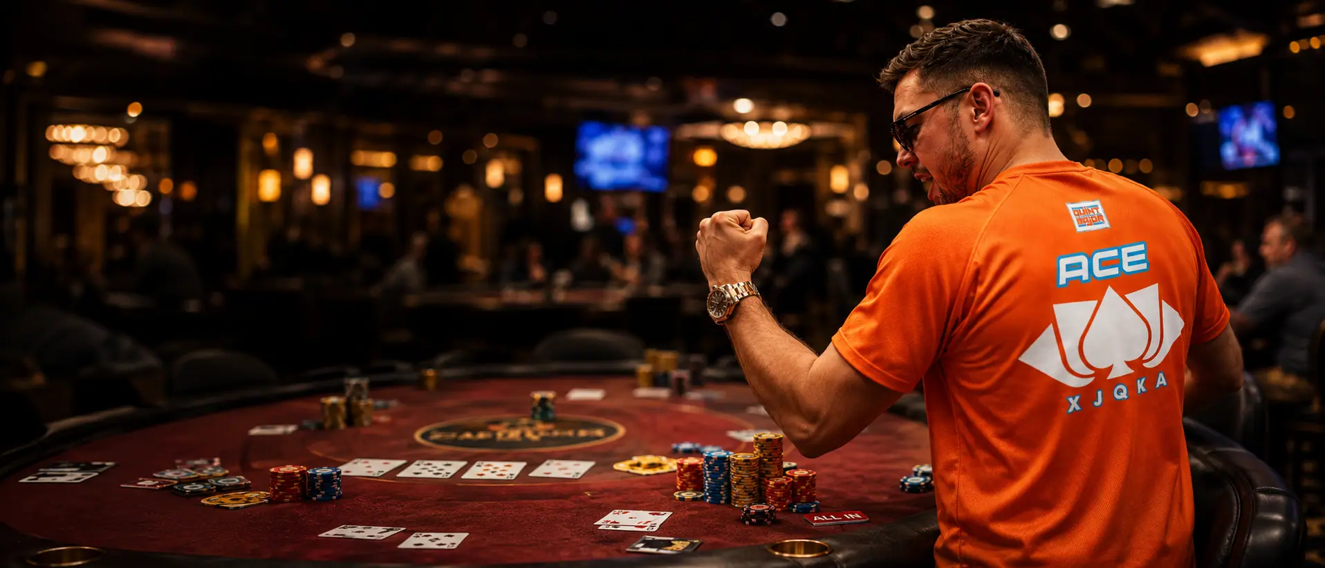 A player in the orange Quantum Spaders ACE jersey celebrating at a card table